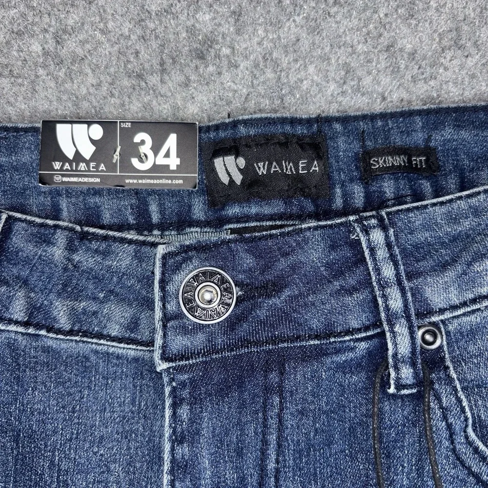 Waimea Jeans Mens 34x32 Skinny Fit Distressed Ripped Stretch Indigo Blue Denim